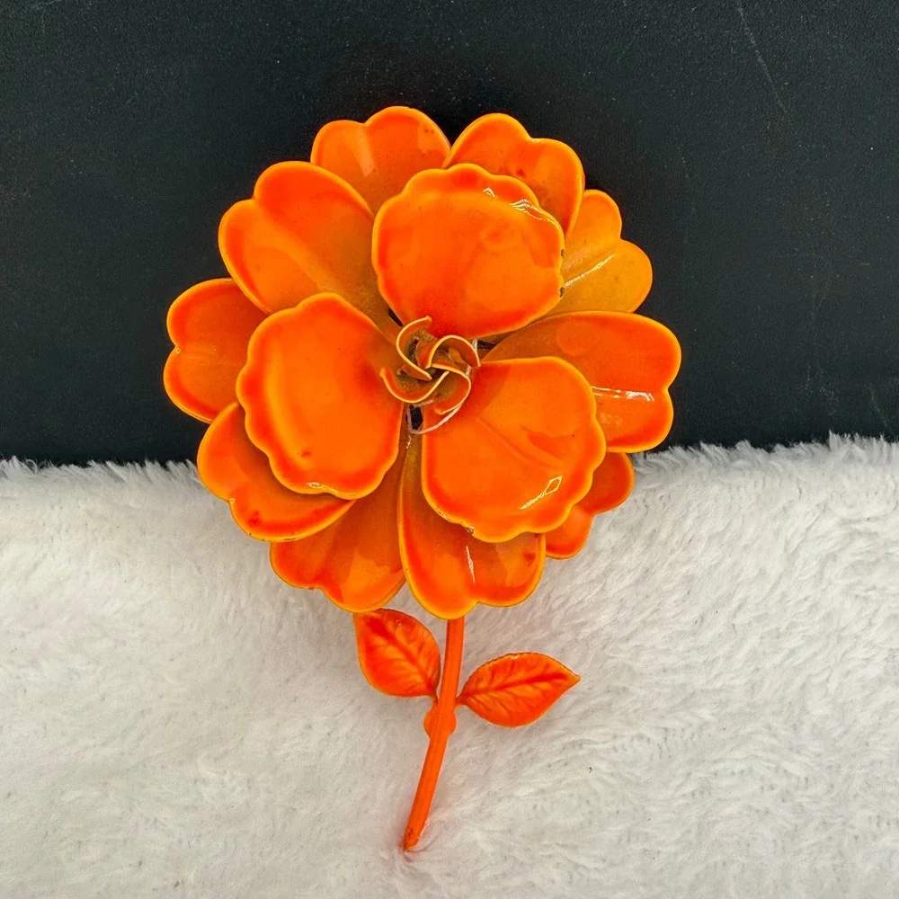 Vintage Enamel Flower Brooch Mod Pop Orange Layered Petal Retro